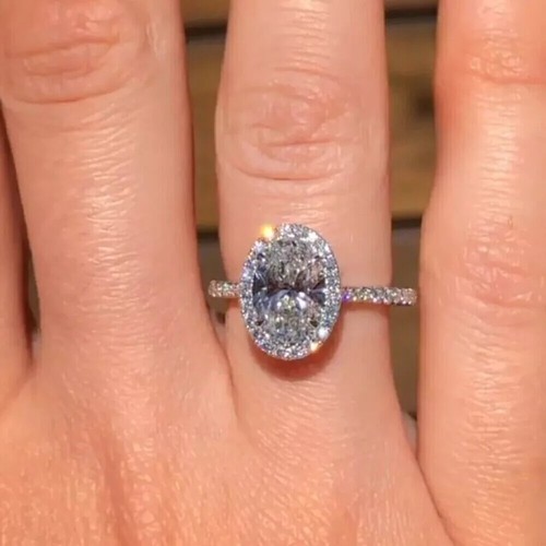 2.35 TCW Oval Cut Moissanite Women's Halo Engagement Ring 14k White Gold Plated - Picture 4 of 11