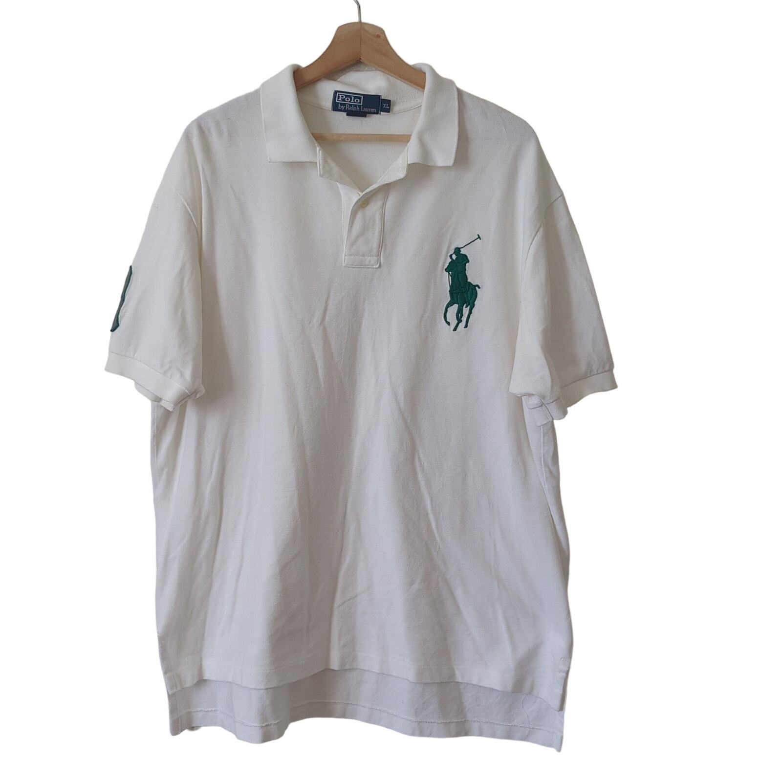 Vintage anni 90? Polo Ralph Lauren Uomo Tinta Unita Bianco Verde Logo Big Pony Camicia Cavallo