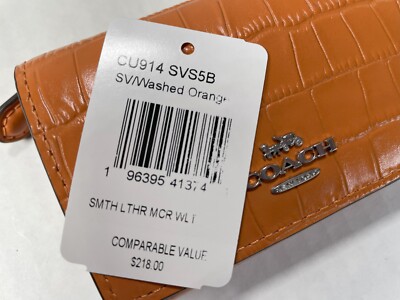 COACH CU914 Leather Wallet Micro/Croc/Washed Orange/$218/NWT