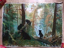 Vintage Oil Russian Painting Soviet USSR Socialist realism landscape forest baer