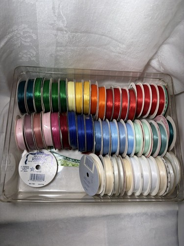 Lot Of 50+ Craft Ribbon Mixed Lot Mostly Offray Spool O' Ribbon In Storage Box - Picture 2 of 8