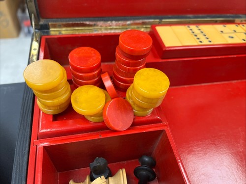 Vtg Bakelite Poker Dominos Chess Roulette Casino Game Case E S Lowes 1940s W/Key - Picture 17 of 22