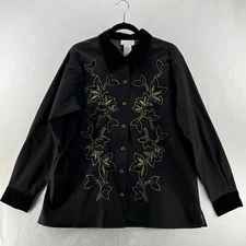 Victor Costa Occasion Top Womens Size L Embroidered Snap Front Long Sleeve Black