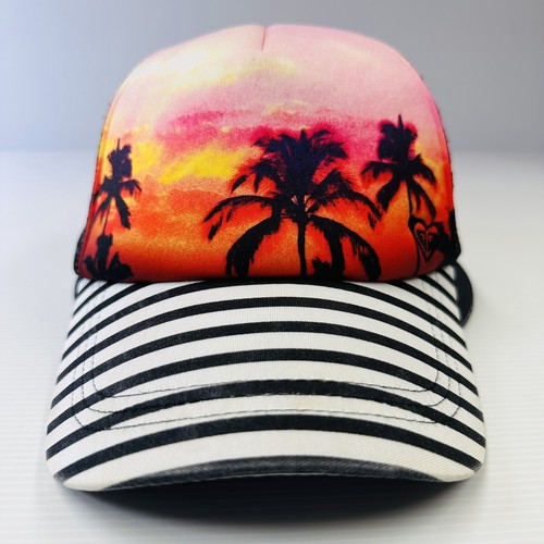ROXY Womens Sunset Trucker Hat Cap Mesh Snapback Adjustable White Black Stripe