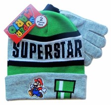 Nintendo SUPER MARIO BROS SUPERSTAR Boys Knit Winter Beanie Hat Gloves Set NWT