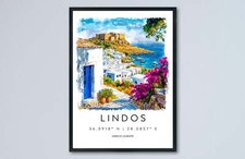 Lindos Watercolor Poster Lindos Travel Print Lindos Wall Art Lindos Cityscape