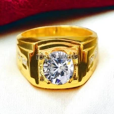 Moissanite Oval Cut With 925 Sterling Silver Gold Plated Ring For Men's #A437 *