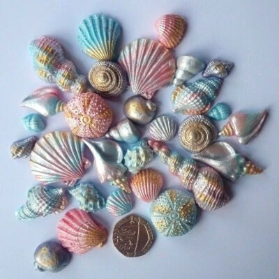 30 Edible Mermaid Pink & Blue Pearl/Gold Shimmer Sea Shells, Cake Decorations