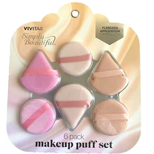 Vivitar 6-Pack Makeup Puff Set 3 Triangle Puffs & 3 Circle Puffs New Sealed