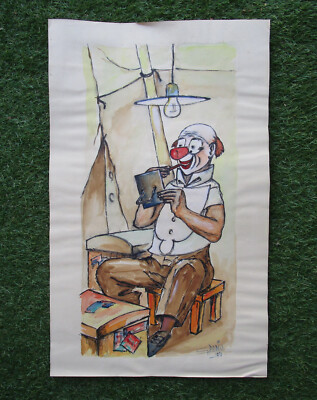 Antique Very Nice Painting Signed Podio, Gouache On Paper, Clown, Circus, 1970