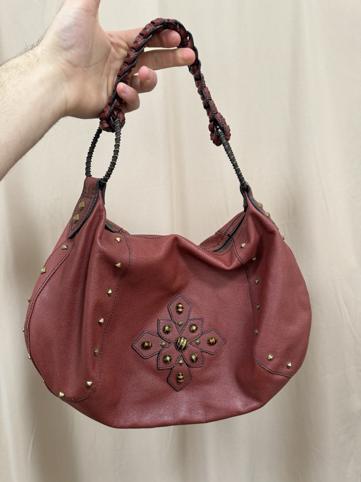 Vintage Eric Javits Leather Studded Hobo Bag Tiger Eye Stone Boho Purse w Mirror