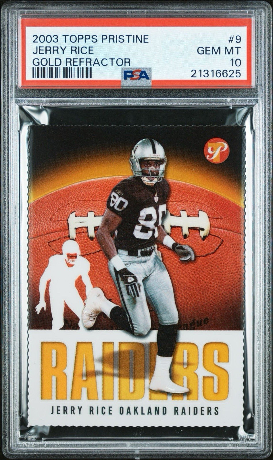JERRY RICE 2003 TOPPS PRISTINE GOLD REFRACTOR RAIDERS #’d /150 PSA 10