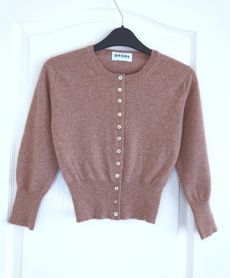 Brora Cashmere Cropped Cardigan Size 8 Light Brown 3/4 Sleeves Knit Sweater