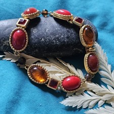 Bracelet Couture Vintage Marque Monet Métal Doré Cabochons Verre L 19,5cm
