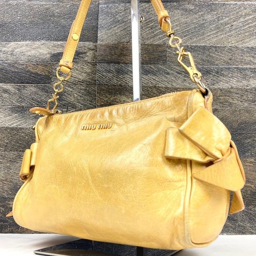Miu Miu Yellow Leather Bow Shoulder Bag Gold Hardware Adjustable Strap 20cm