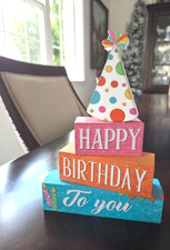 4 Pcs "Happy Birthday" Wood Sign Blocks Farmhouse Colorful Tiered Table 8.5x6