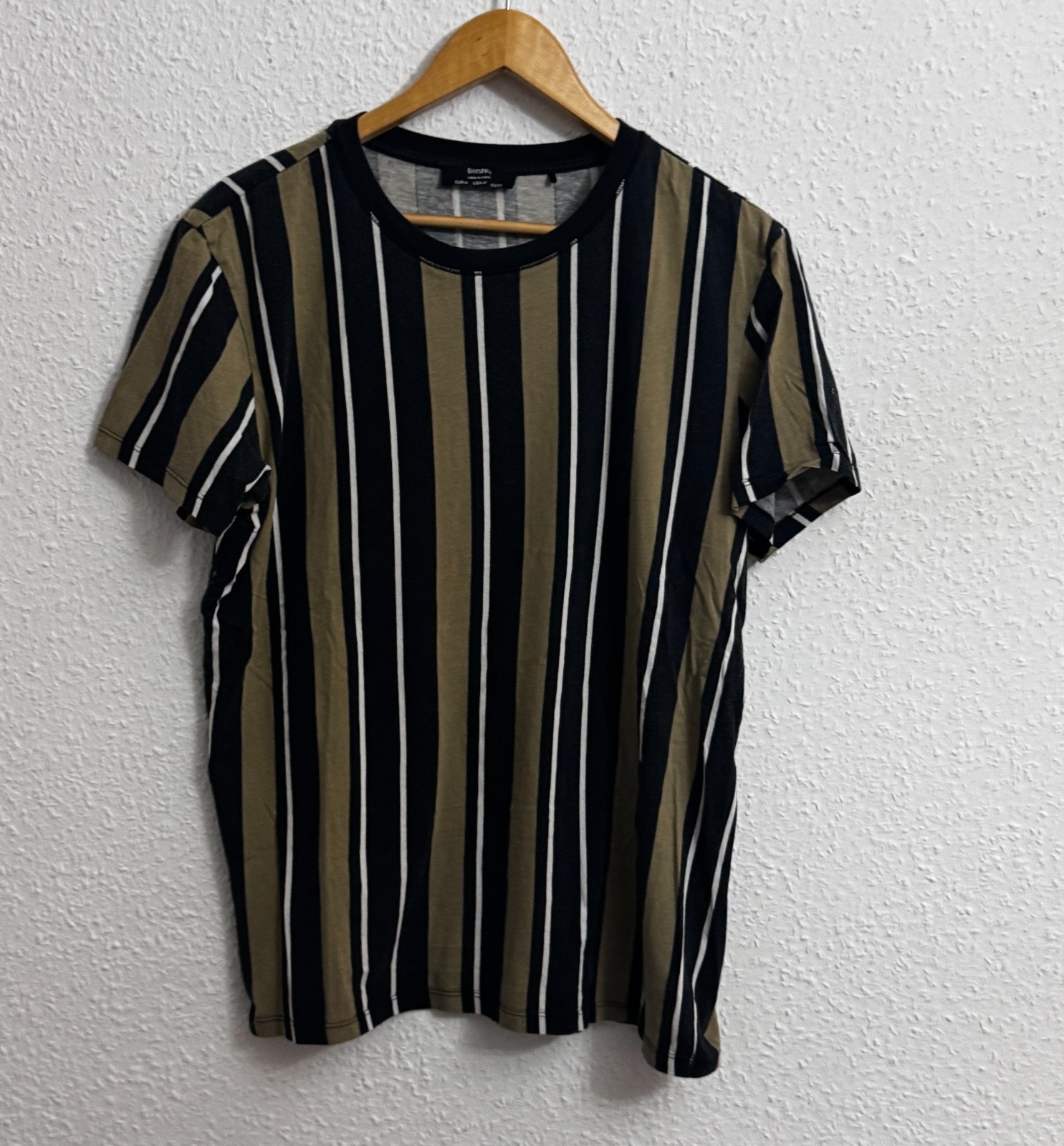 Bershka Vertical Multi-Stripe T-Shirt in Olive, Black, and White image 2