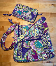 Vera Bradley Teal Purple Paisley Quilted Heather Hipster Crossbody Wallet Bundle