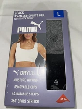Puma Women's 2-Pack Square Neck Seamless Sports Bra, Black/Gray, Size Large