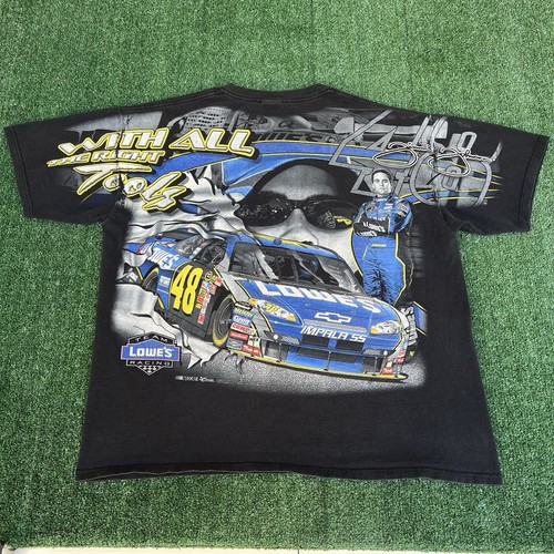 VTG Y2K Mens Chase Authentics Nascar Jimmie Johnson Faded Black AOP T-Shirt 2XL - Picture 8 of 15