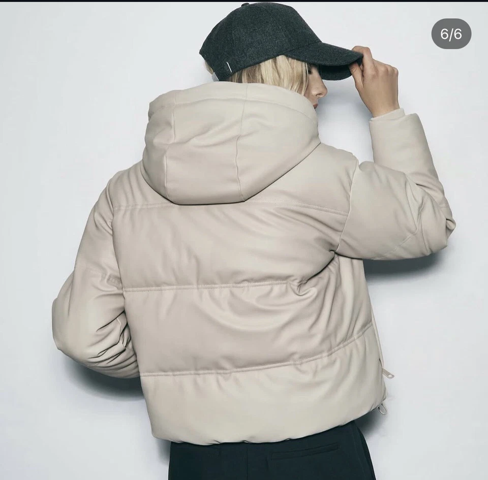 ZARA   ECRU FAUX LEATHER HOODED PUFFER COAT WITH ZIPPED POCKETS SIZE M - Image 4 of 4