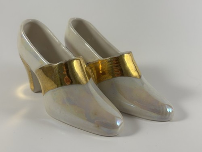 #ad #ad Vintage Collectible Pair of Lustre Porcelain Miniature High Heel Shoes Gold Trim $25.20