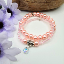 Handmade Beaded Stretch Bracelets Classic Pink Pearls Crystal Charm SET 2