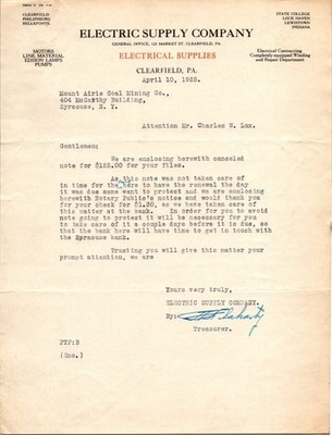 1925 Electric Supply Company Letter Clearfield PA Coal Mining Invoice