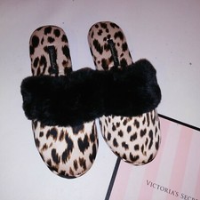 Victoria Secret Slippers Small 5 6 Leopard Fur Trim Black Beige Fuzzy Warm New