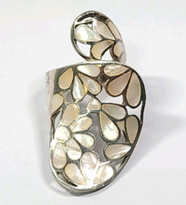Large Sterling Silver Mother of Pearl Inlay Floral Ring Size 9.5