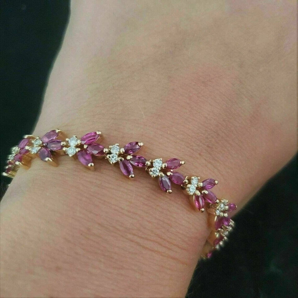 12,40 Ct Marquise Cut Simulierte Rosa Saphir Tennisarmband 14K Gelb - Bild 4 von 4