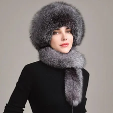 Women's Real Fox Full Fur Hat Shapka Ushanka Hat Ski Cap W Neck Russian Scarf