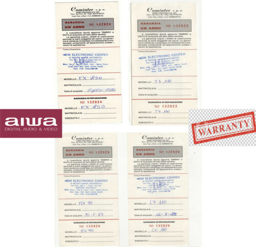 4 Certificati Originali di garanzia Piastre Stereo AiwaTX110,LX110,MX90 Timbri - Foto 1 di 4