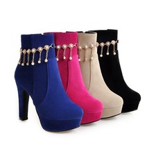 Womens Tassels High Block Heel Platform Party Ankle Boots Zip Shoes