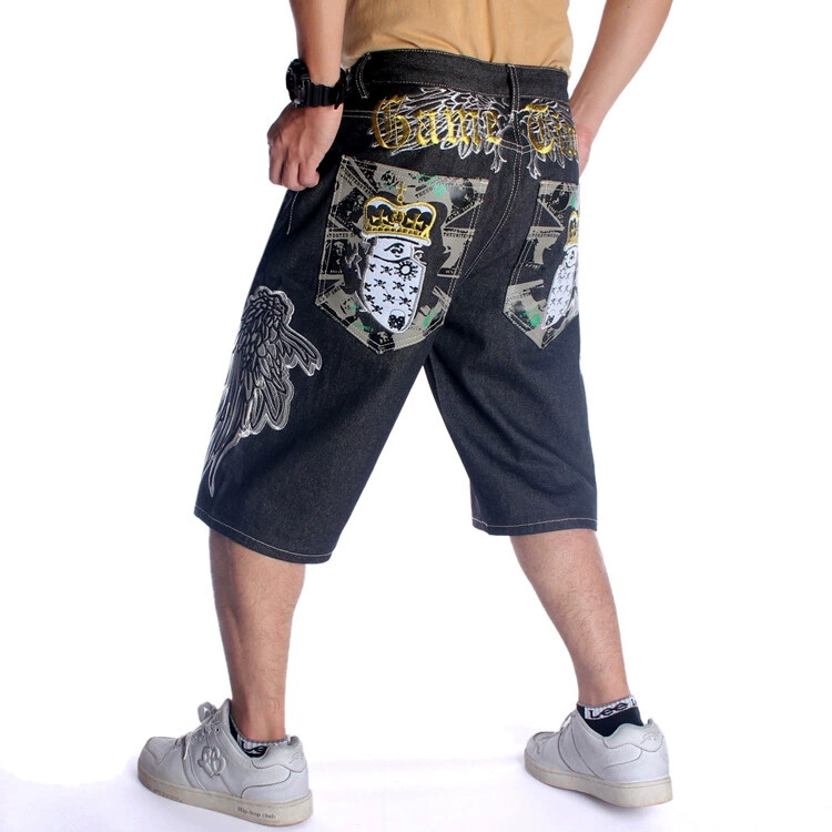 Mens Masked King Wing Embroidery Denim Shorts Knee Length Relaxed