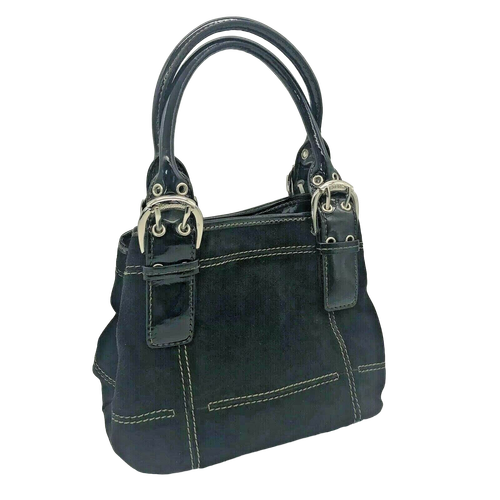 Tignanello Black Suede Leather Handbag Bucket Purse Adj Straps Silver