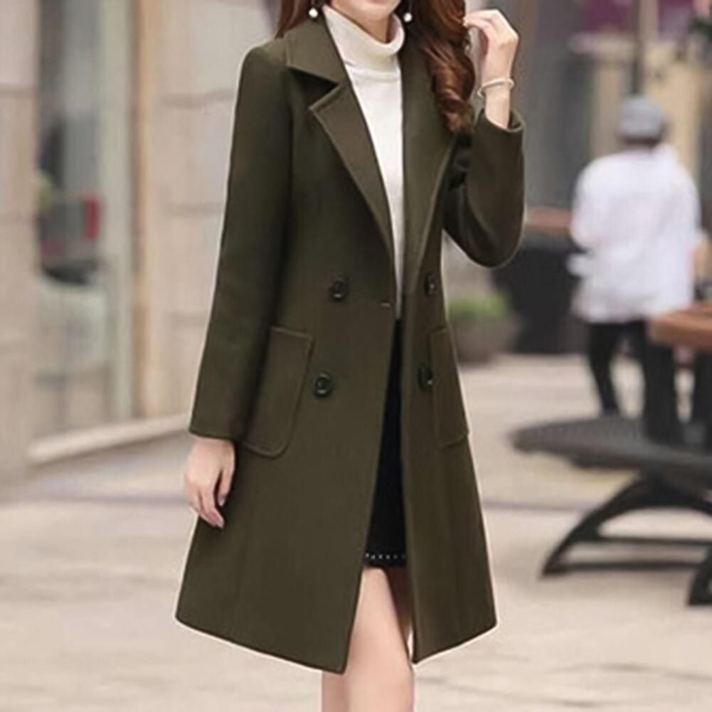 Women Winter Slim Fit Long Jacket Solid Color Female Woolen Button Coat