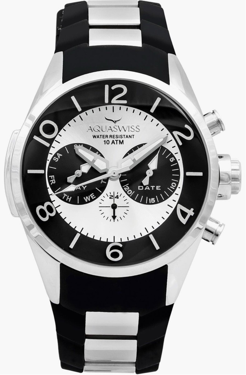 NWB AQUASWISS Unisex Trax 5H Watch, Black and Silver, Water