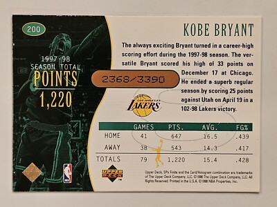 1998-99 SPx Finite - Top Flight #200 Kobe Bryant, 2368/3390 1998-99 SPx Finite - Top Flight #200 Kobe Bryant, 2368/3390