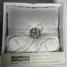 Celebrate It Wedding Ring Bearer Pillow White Rhinestones Satin Pearl Bow New