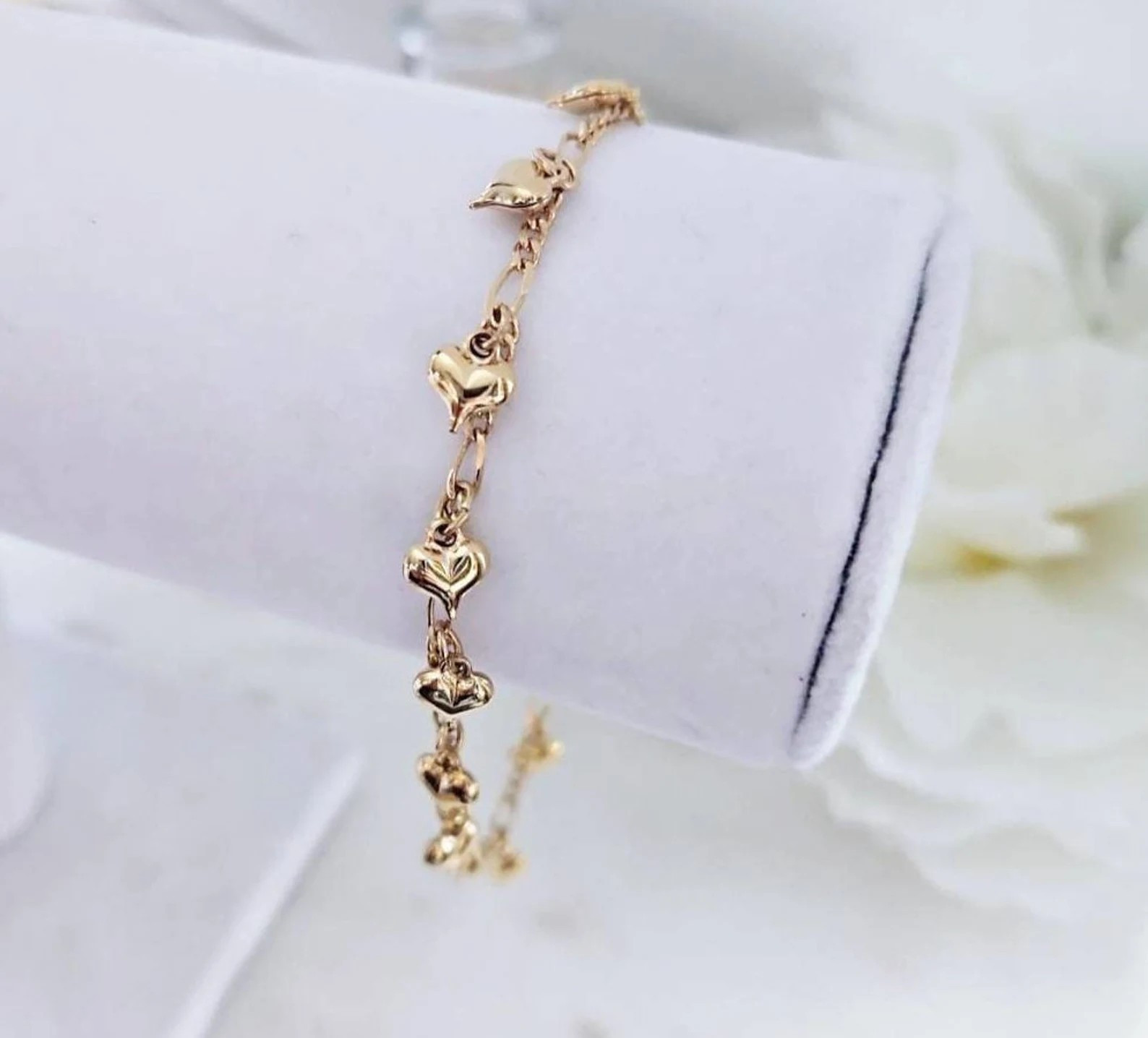Gold Bracelet, Anklet or Choker, Dangling Hearts, 14k Heavy Plated Gold,