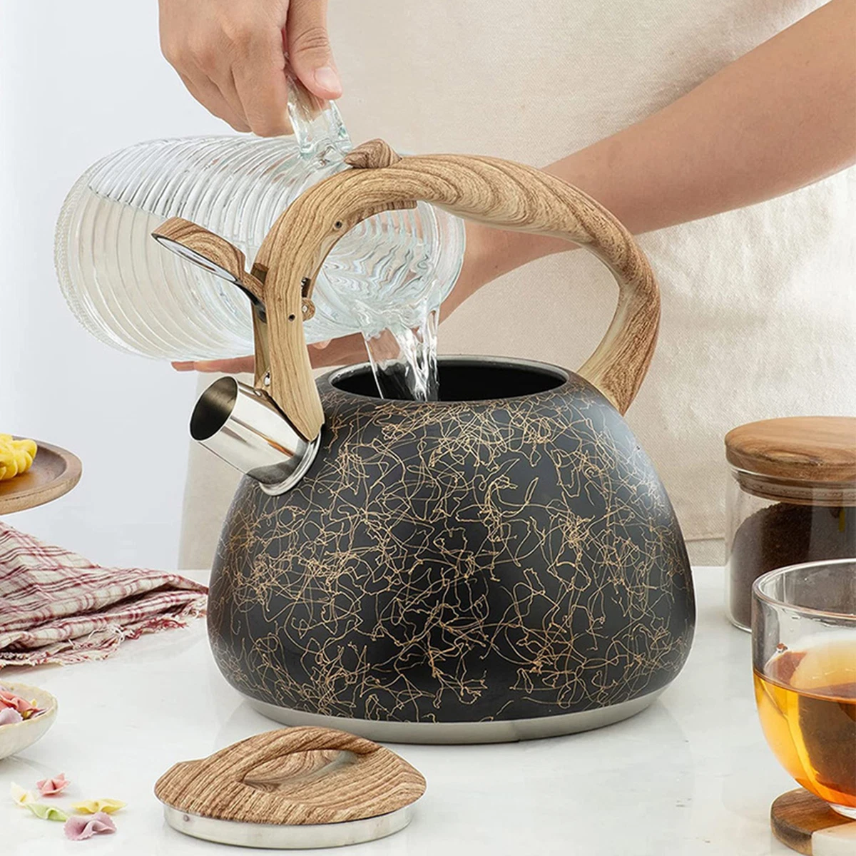 EC Stove Top Whistling Kettle Stainless Steel Teapot With Wood Grain Handle  For | eBay