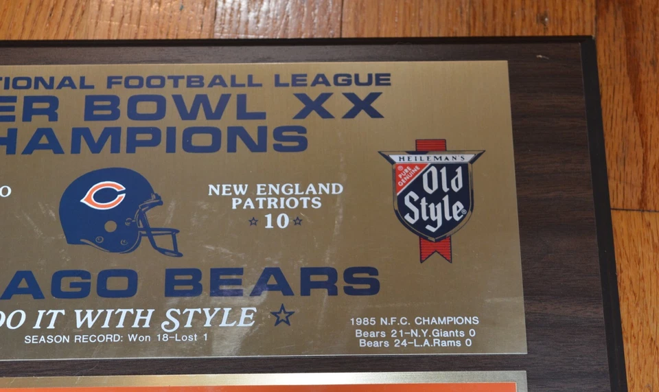 Placa fotográfica 16x12 del equipo Chicago Bears de los campeones XX de la NFL Super Bowl 1986 estilo antiguo Foto 3 de 4