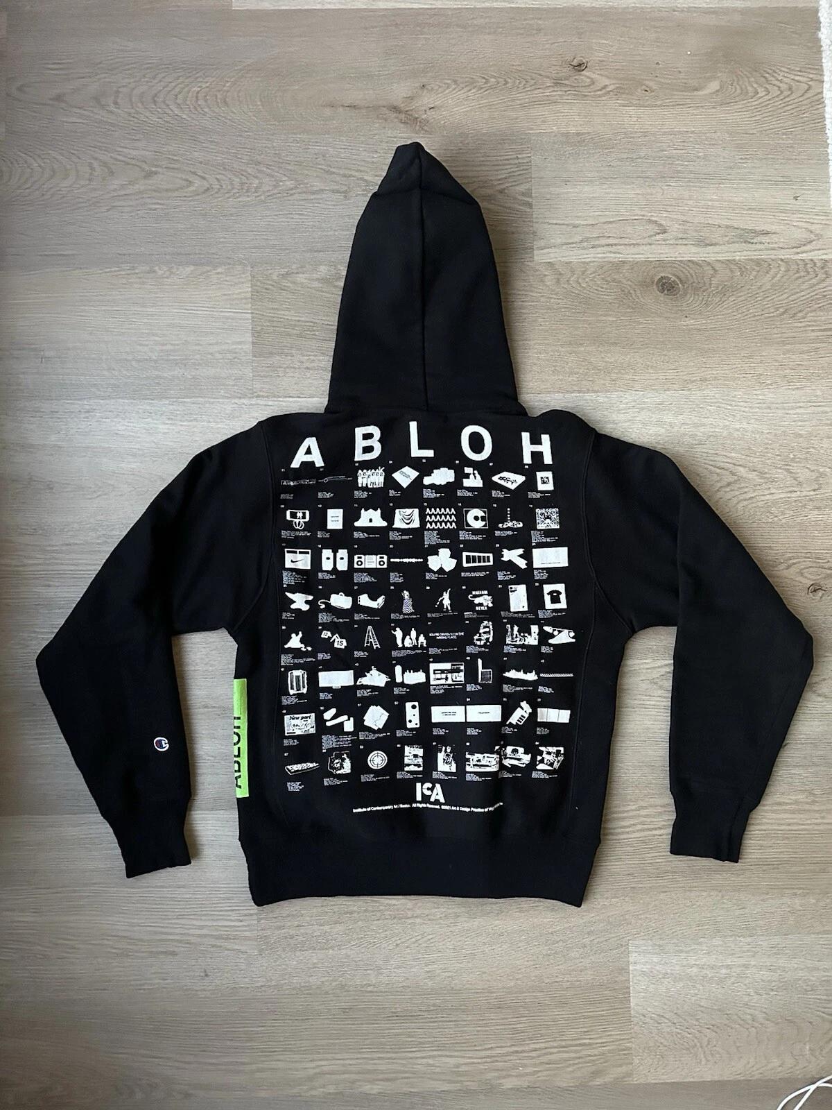 OFF WHITE Felpa con cappuccio Virgil Abloh ICA opera d'arte mancante FOS Champion tessuto inverso piccola
