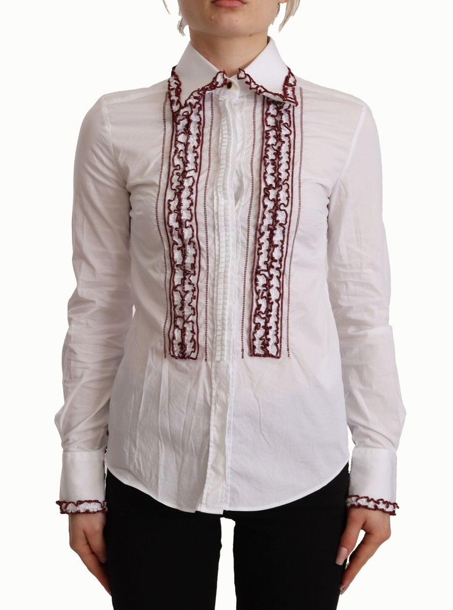 DOLCE & GABBANA Top White Cotton Lace Long Sleeves Ruffle Collar