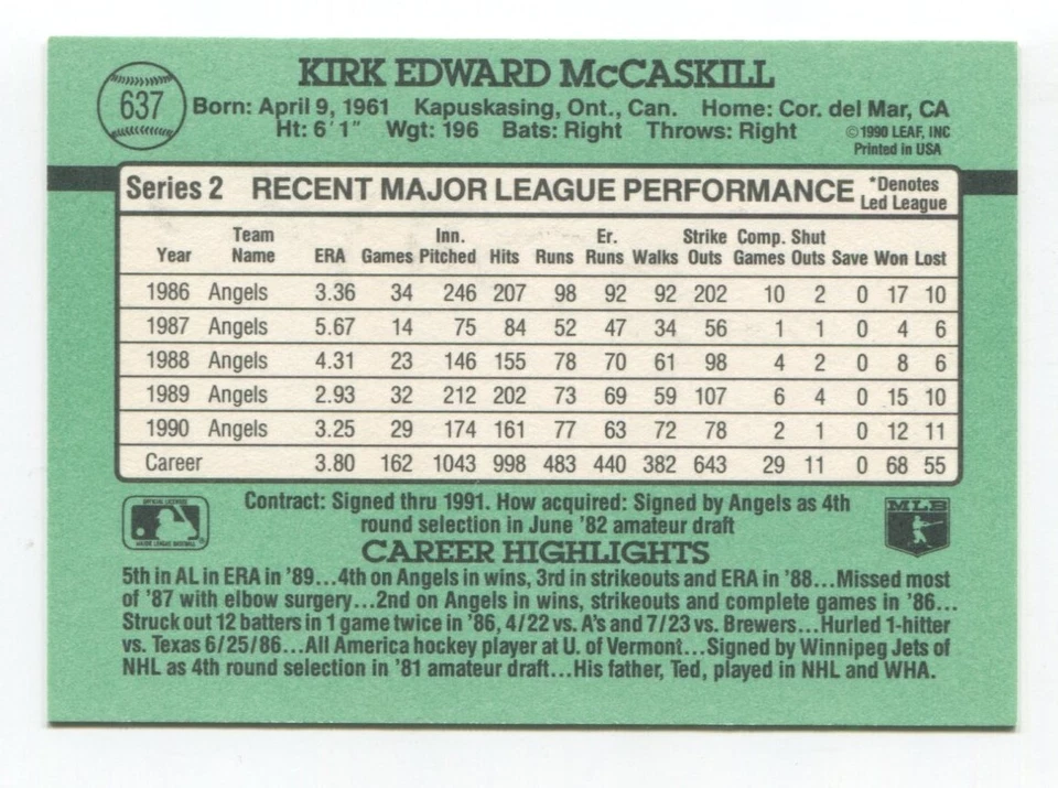 1991 Donruss Kirk McCaskill Signed Card Baseball MLB Autographed AUTO #637 - Image 2 of 2