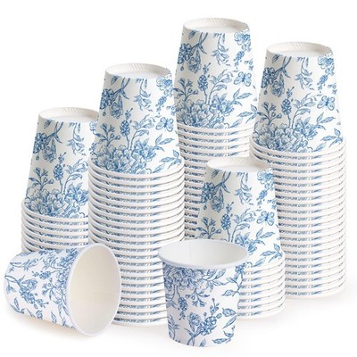 3oz Paper Cups - 100 Pack Disposable Bathroom Cups with Toile Blue Floral Des...