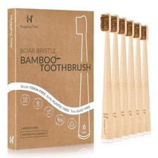 Natural Boar Bristle Bamboo Toothbrushes - Eco-Friendly, Plastic-Free, 6 Pack