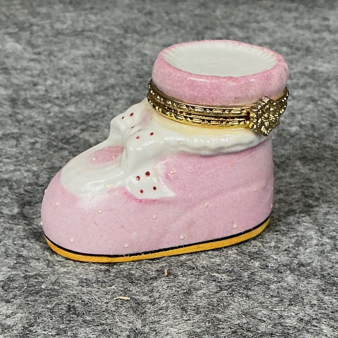 Porcelain Trinket Box Baby Girl Bootie Pink Shoe Hinged Lid Gold Accent 2.5 x 2"