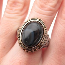 925 Sterling Silver 2-Tone Vintage Real Black Agate Ornate Ring Size 11.25